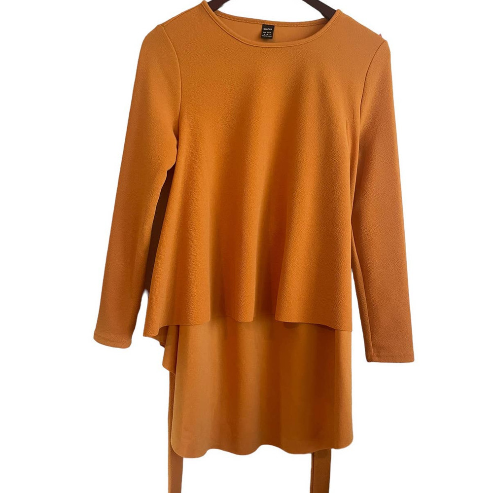 Shein Top Women Size 6 Orange Crew Neck Long Sleeve Tiered Belted Pullover - Picture 7 of 11